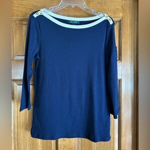 Lauren Ralph Lauren Blue and White 3/4 Sleeve Top